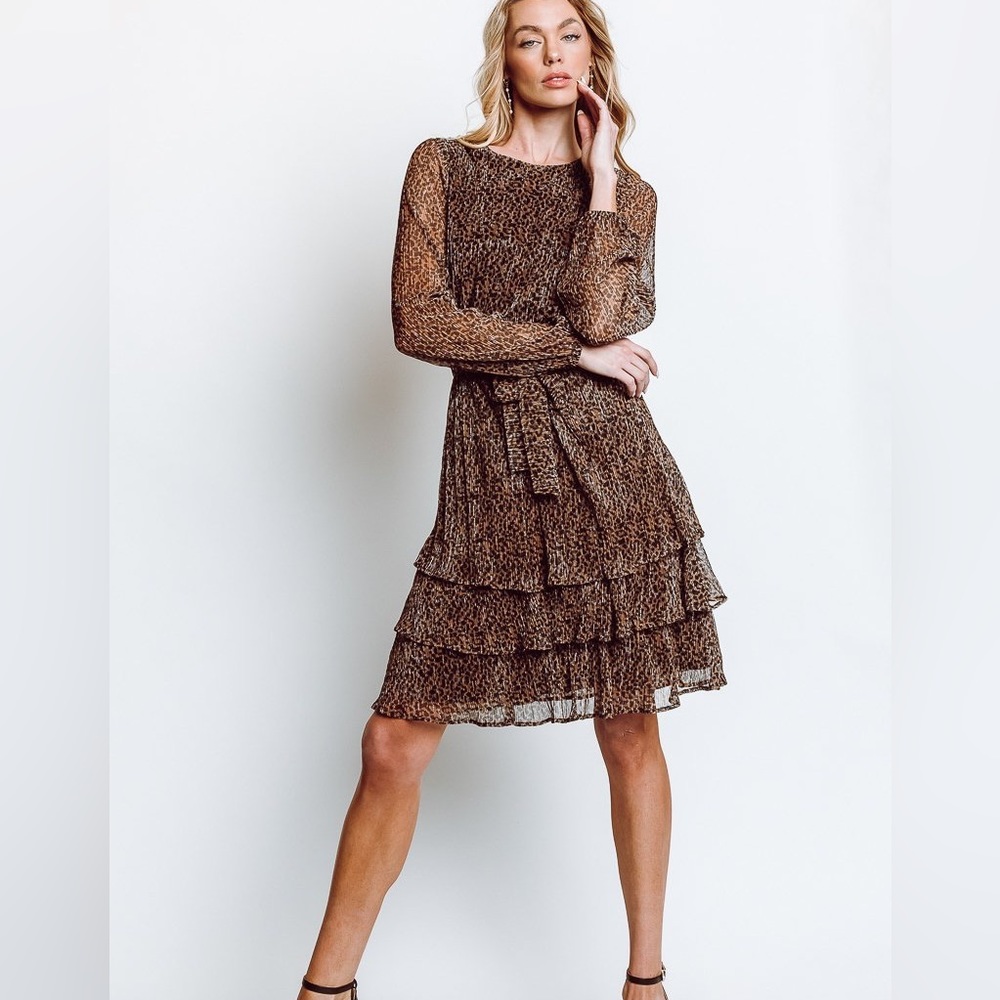Tiered Long Sleeve Leopard-Print Midi Dress - Brown